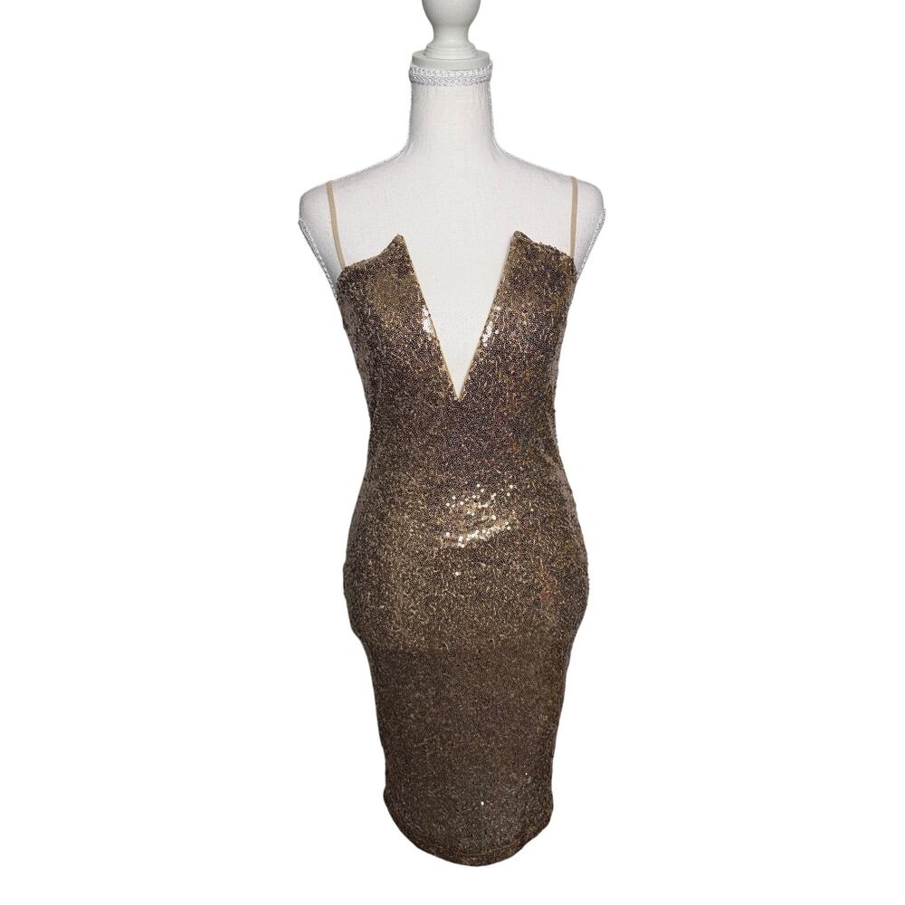 Sequin Bodycon Midi Dress Deep V Neck Bronze Gold Cocktail Party